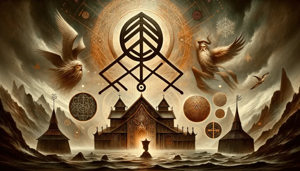Illustration of an ancient Nordic symbol, an upward-pointing arrow intersected by three horizontal lines, surrounded by figures of Norse gods, elves, giants, and traditional Icelandic architecture set against a mystical backdrop.