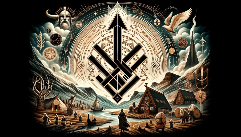 Artistic depiction of the örviri symbol, with an upward-pointing arrow intersected by horizontal lines, amid a backdrop of Norse mythological characters and Icelandic architectural motifs.