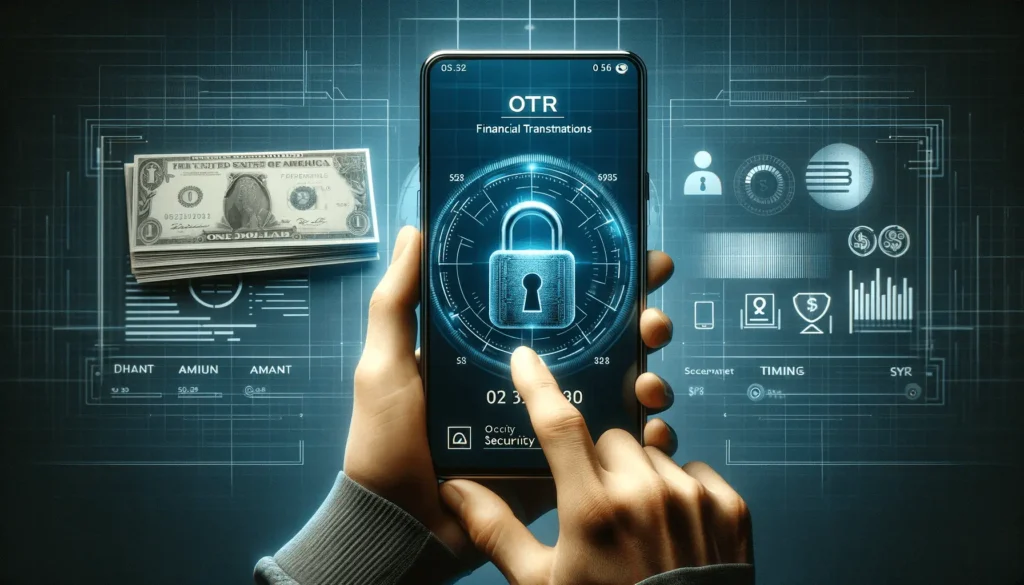 Smartphone displaying an Ottr Finance SMS with transaction details, next to a large digital security lock symbol on a tech-inspired background.